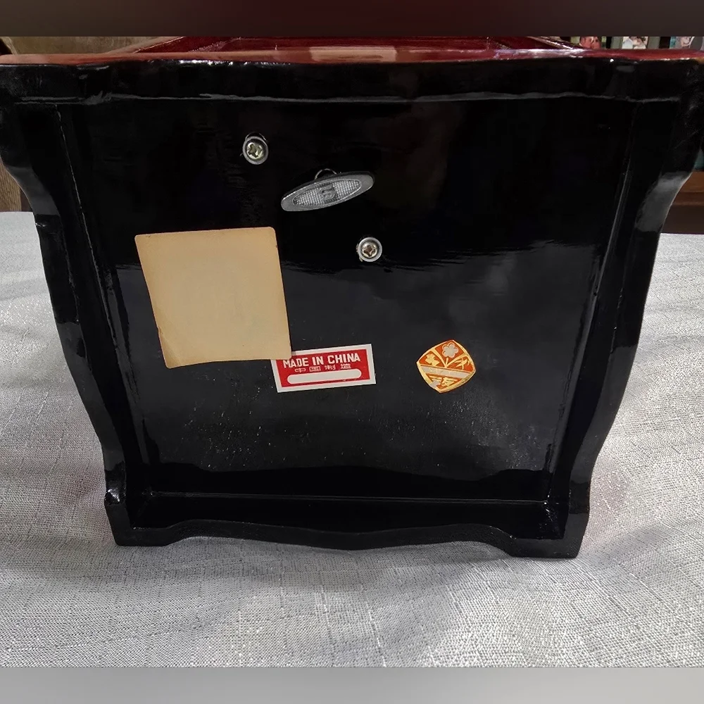 Vintage Asian San-You Cork Carving Landscape Laquered Wooden Jewerly Music Box